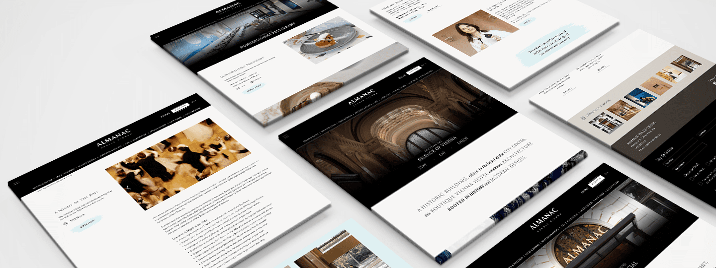 A staggered layout of several website pages with minimalist designs, showcasing images, text sections, and navigation menus on a white background.