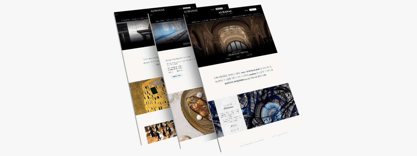 Three overlapping website mock-ups display sections with images of a swimming pool, ornate ceiling, mosaic tiles, food, and blue glass art on a white background.