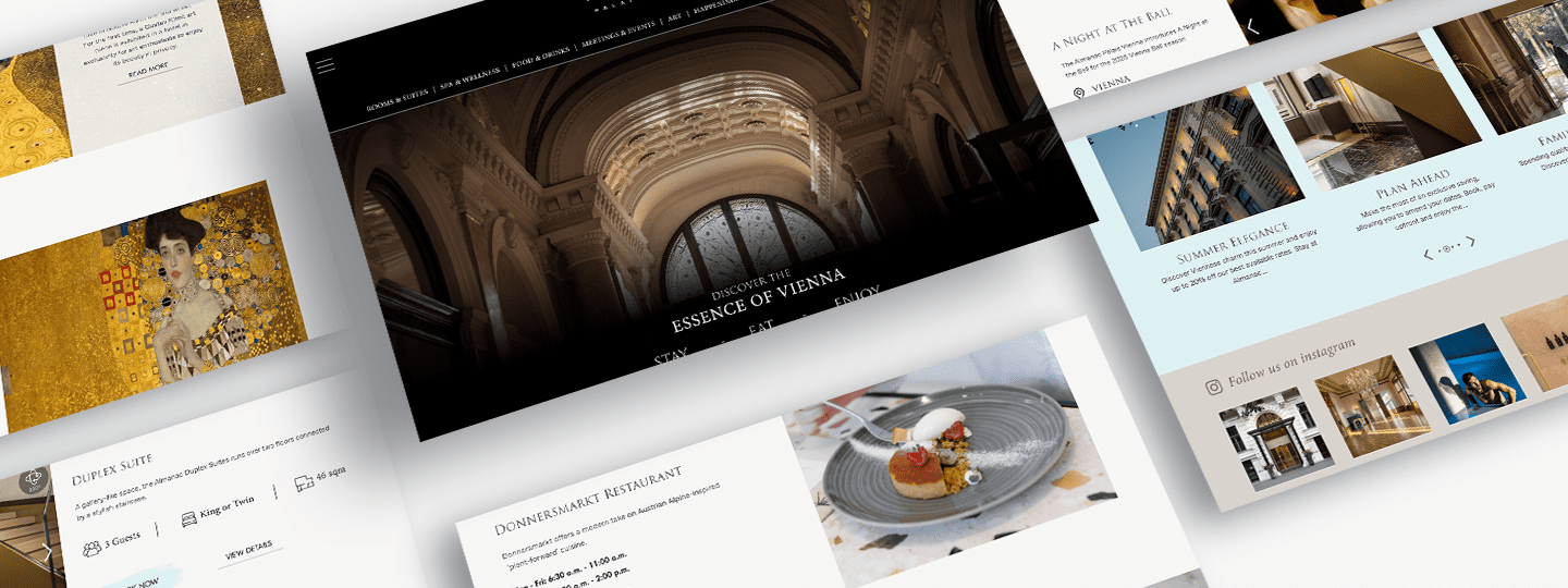 A collage of overlapping website screenshots featuring art, architecture, food, and travel-related content in a modern layout.