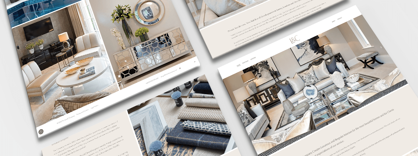 Four website pages featuring elegant living room interior designs with neutral colour palettes, modern furniture, decorative accessories, and stylish arrangements, displayed at an angle.
