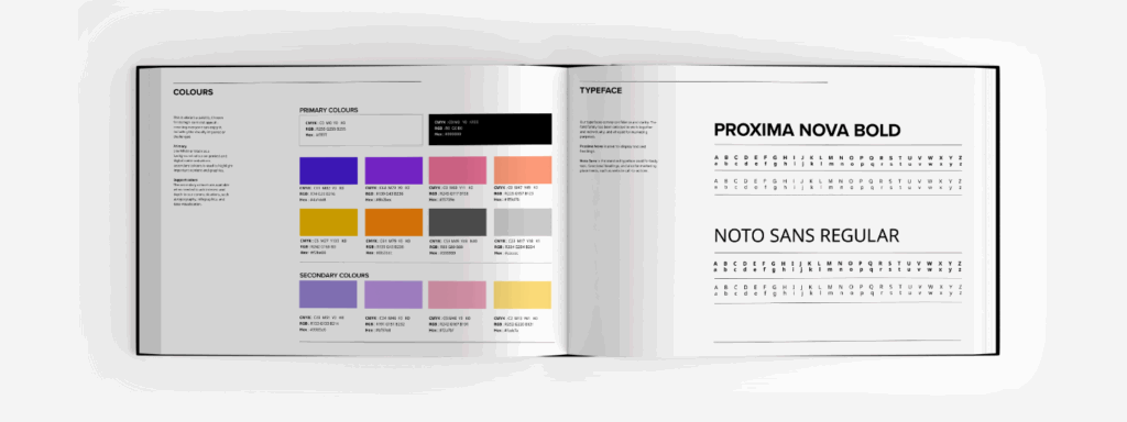 Open brand guidelines book showing colour palettes on the left page and typefaces, Proxima Nova Bold and Noto Sans Regular, with full character sets on the right page.