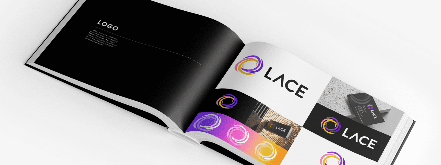 An open booklet displays branding guidelines, showing the "LACE" logo in various colours and applications on the right page, with a description on the left page.